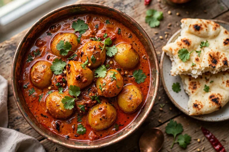 North Indian restaurant style dum aloo served in a bowl garnished with coriander