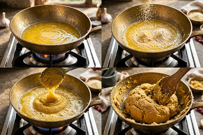 Dal Ka Seera (Traditional Moong Dal Halwa Recipe) Making heave paste of besan and sooji rava with ghee.