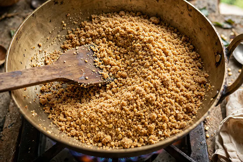 Dal Ka Seera (Traditional Moong Dal Halwa Recipe) The Crumbly Roasting Stage (Sandy Texture)