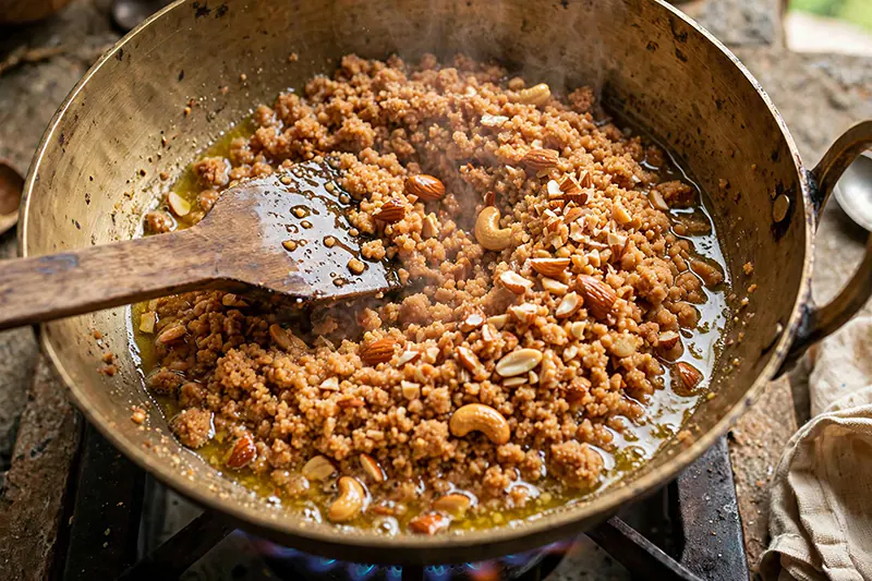 Dal Ka Seera (Traditional Moong Dal Halwa Recipe) The Golden Release Stage (Aromatics & Ghee Separation)