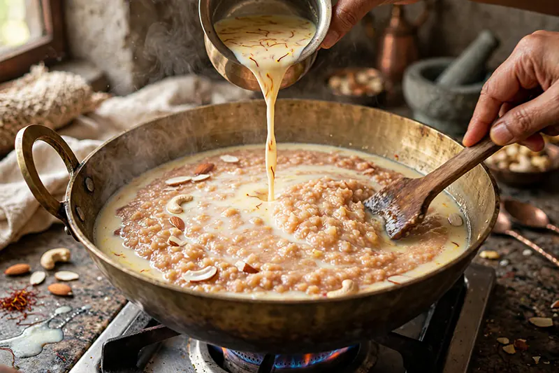 Dal Ka Seera (Traditional Moong Dal Halwa Recipe) Adding warm milk-saffron mixture