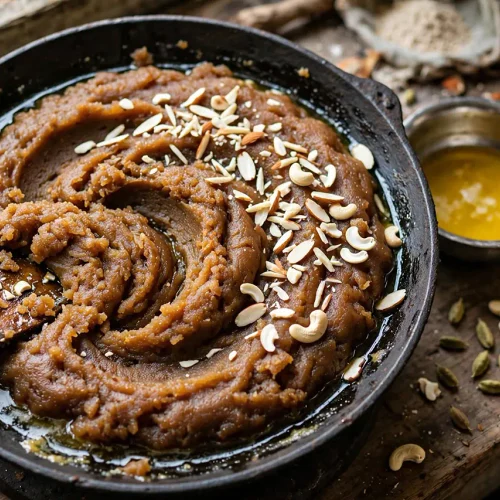 Atte Ka Sheera (Gujarati Whole Wheat Halwa): The Foolproof Golden Ratio Recipe Rustic homemade atte ka sheera in kadai with uneven swirls and ghee oozing, nuts sprinkled by hand