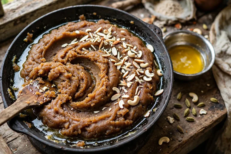 Atte Ka Sheera (Gujarati Whole Wheat Halwa): The Foolproof Golden Ratio Recipe Rustic homemade atte ka sheera in kadai with uneven swirls and ghee oozing, nuts sprinkled by hand