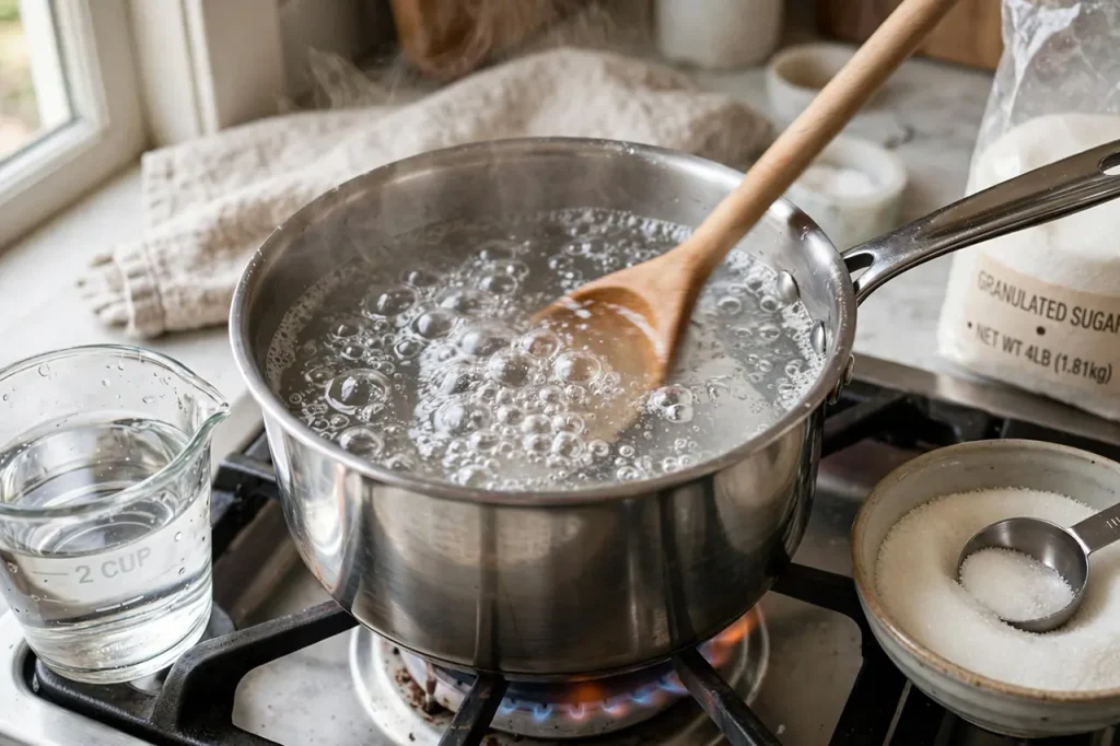 Atte Ka Sheera (Gujarati Whole Wheat Halwa): The Foolproof Golden Ratio Recipe Clear sugar water boiling with tiny bubbles, no crystals left