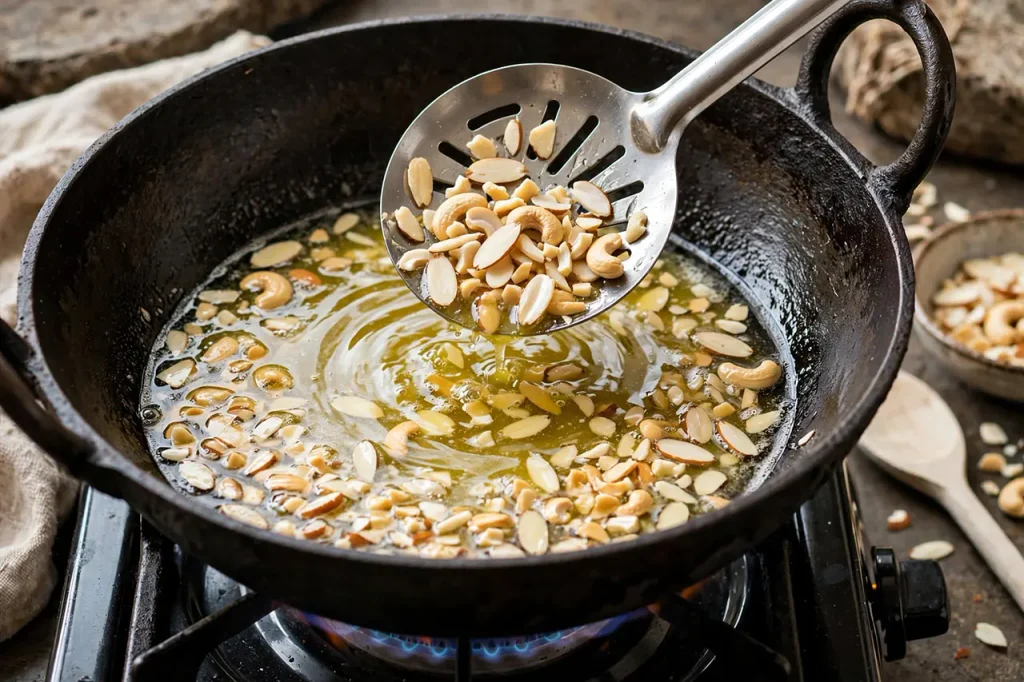 Atte Ka Sheera (Gujarati Whole Wheat Halwa): The Foolproof Golden Ratio Recipe Golden almonds and cashews frying in hot ghee, lifted with slotted spoon