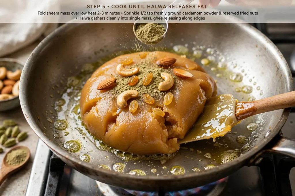 Atte Ka Sheera (Gujarati Whole Wheat Halwa): The Foolproof Golden Ratio Recipe Soft glossy atte ka halwa rolling in kadai, ghee beads on edges with nuts