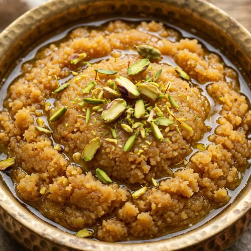 Dal Ka Seera (Traditional Moong Dal Halwa Recipe) Golden amber dal ka seera garnished with slivered pistachios and saffron in a brass bowl.