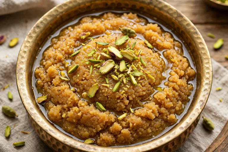 Golden amber dal ka seera garnished with slivered pistachios and saffron in a brass bowl.