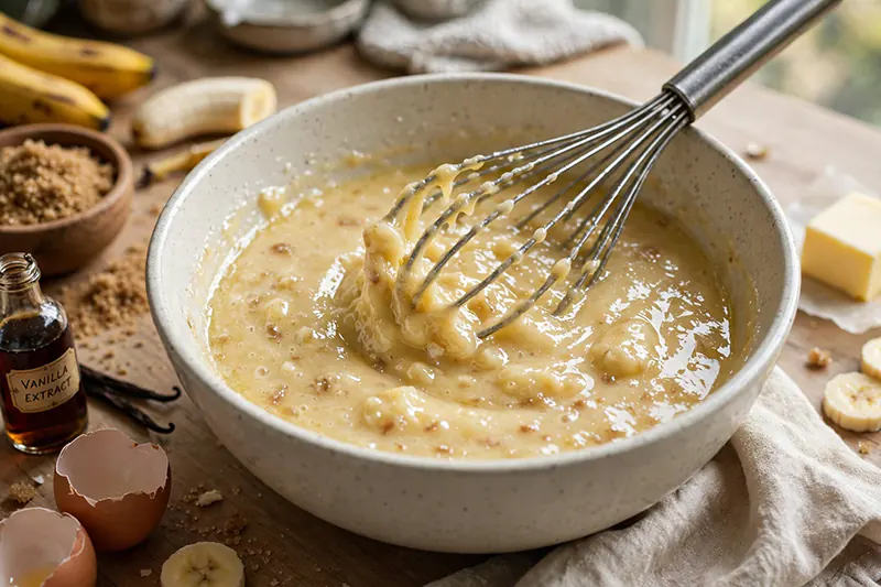 Easy Banana Muffins Recipe (Tall Domes & Ultra-Moist Crumb) mashed bananas melted butter brown white sugar eggs vanilla whisked glossy emulsified