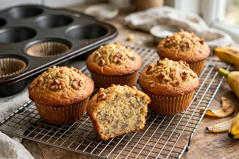 Easy Banana Muffins Recipe (Tall Domes & Ultra-Moist Crumb) fresh baked banana muffins cooling on wire rack tall domes moist crumb inside