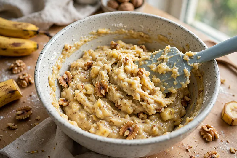 Easy Banana Muffins Recipe (Tall Domes & Ultra-Moist Crumb) folding flour blend into banana wet batter spatula thick lumpy textured just combined