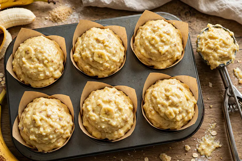 Easy Banana Muffins Recipe (Tall Domes & Ultra-Moist Crumb) banana muffin batter mounded high 3 quarters full in muffin liners ice cream scoop