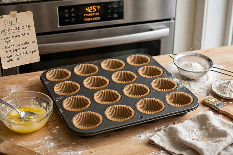 Easy Banana Muffins Recipe (Tall Domes & Ultra-Moist Crumb) 16-cup muffin pan lined with paper liners preheated oven 425F ready for banana muffins