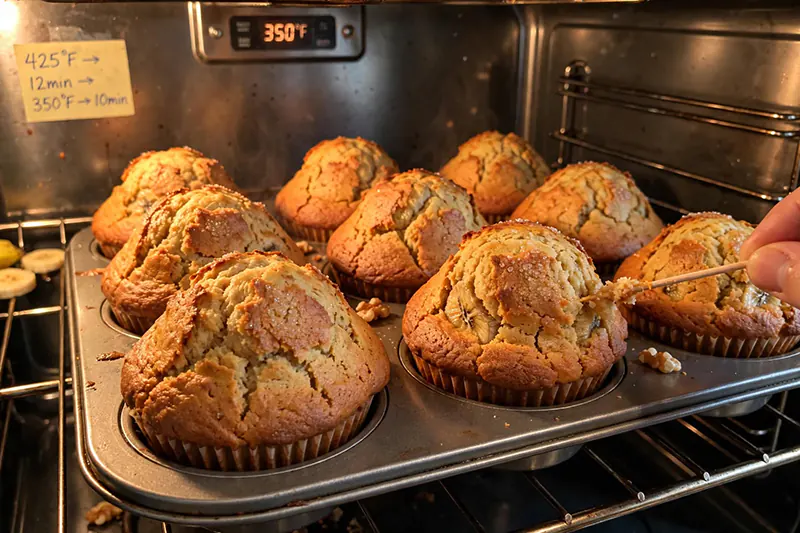 Easy Banana Muffins Recipe (Tall Domes & Ultra-Moist Crumb) banana muffins baking tall rounded domes crackled golden brown toothpick test