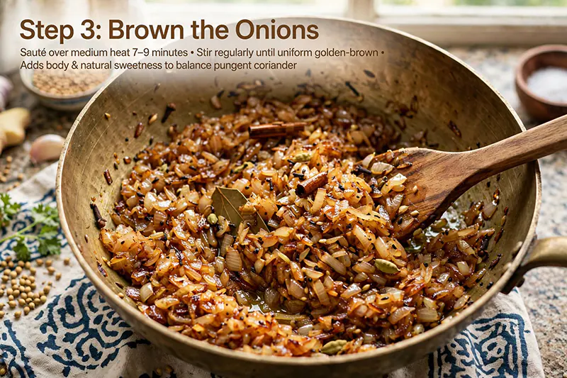 Dhania Kheema Recipe (Mutton Keema with Fresh Coriander) Brown the Onions
