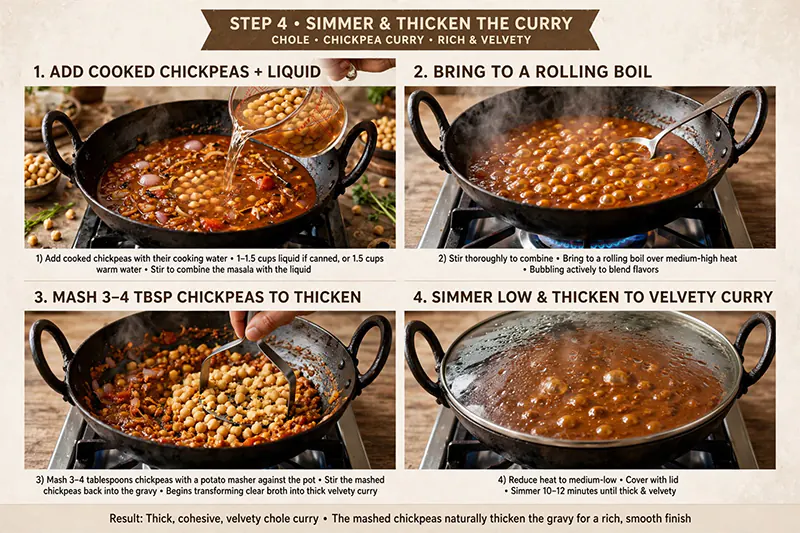 Easy Indian Chickpea Curry (Home-Style Chana Masala) Simmer and Thicken the Curry