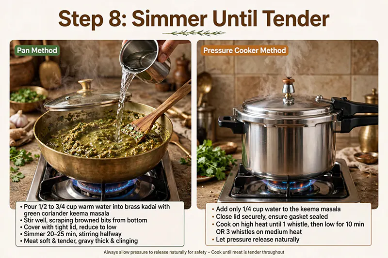 Dhania Kheema Recipe (Mutton Keema with Fresh Coriander) simmer until tender