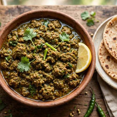 Dhania Kheema Recipe (Mutton Keema with Fresh Coriander) Dhania kheema served in a bowl garnished with fresh coriander and lemon