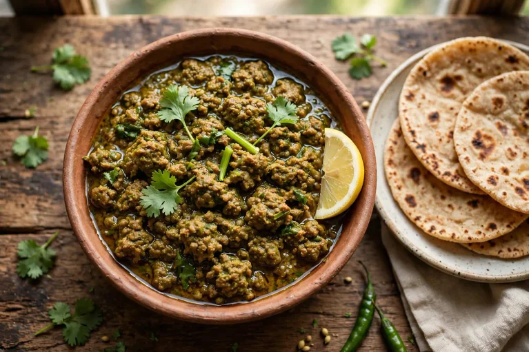 Dhania kheema served in a bowl garnished with fresh coriander and lemon