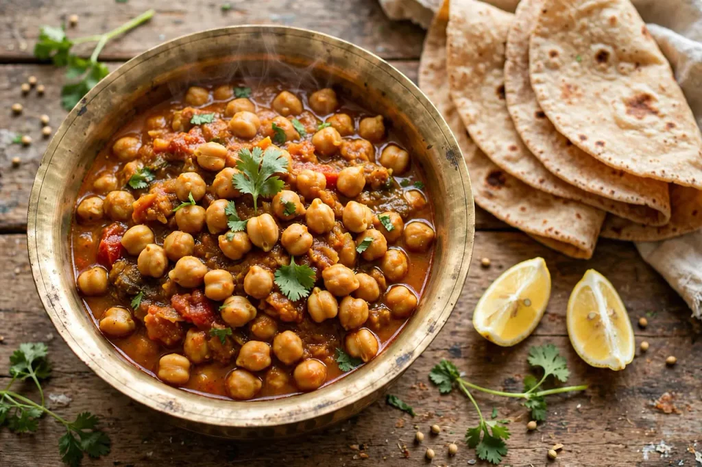 Easy Indian Chickpea Curry (Home-Style Chana Masala) Indian chickpea curry in a bowl garnished with coriander and served with roti