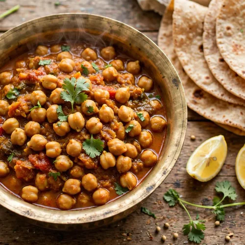 Easy Indian Chickpea Curry (Home-Style Chana Masala) Indian chickpea curry in a bowl garnished with coriander and served with roti