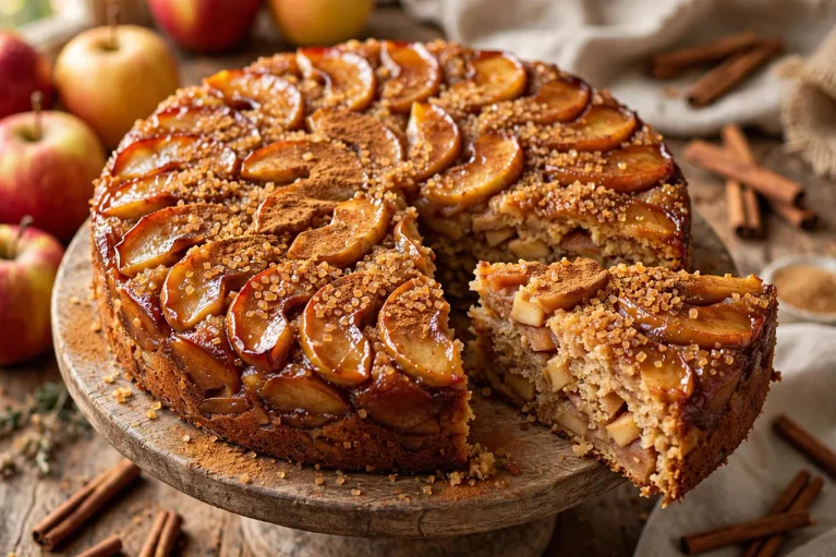 Easy moist spiced apple cake with apple slices and sugar crunch