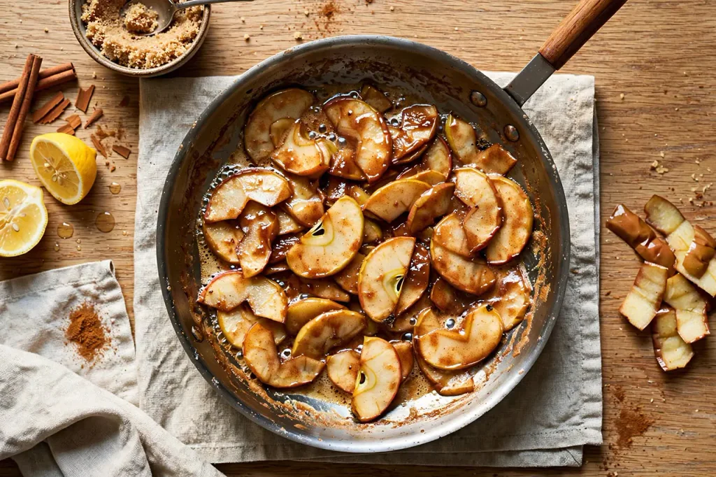 Moist Spiced Apple Cake: The Ultimate Scratch Recipe for Tender Crumb Natural organic uneven apple slices sautéed in skillet with butter, brown sugar, cinnamon and lemon juice until translucent edges with glossy clinging glaze, realistic texture not uniform