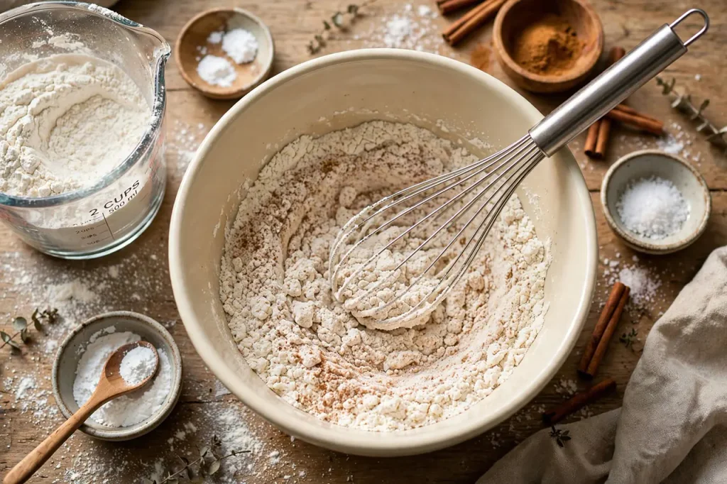 Moist Spiced Apple Cake: The Ultimate Scratch Recipe for Tender Crumb Medium bowl with whisk mixing 2 cups all-purpose flour, baking powder, baking soda, cinnamon and sea salt, cinnamon sticks and small bowls of leaveners nearby