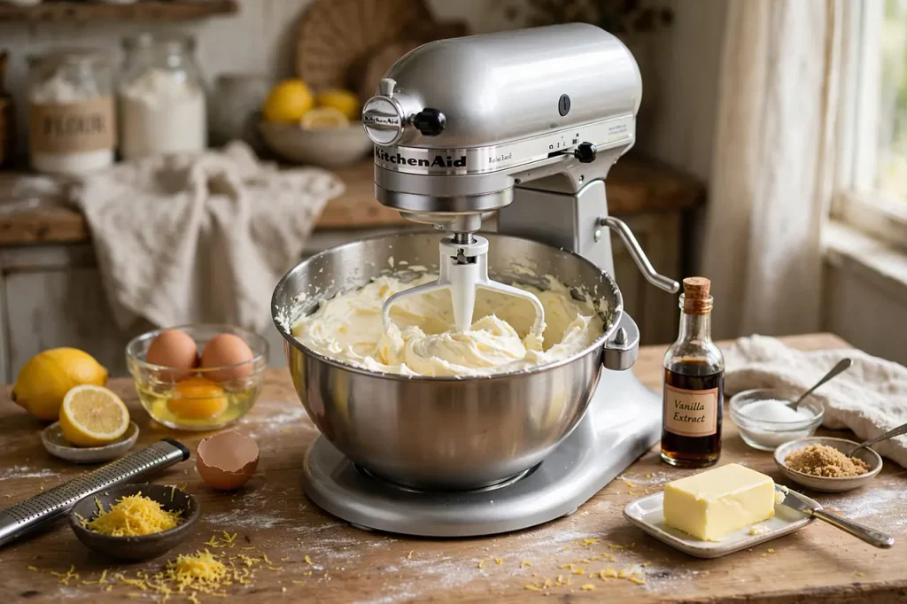 Moist Spiced Apple Cake: The Ultimate Scratch Recipe for Tender Crumb Stand mixer with paddle attachment beating softened unsalted butter, granulated and brown sugar to ultra-pale fluffy ivory paste, room temperature eggs, vanilla and lemon zest added