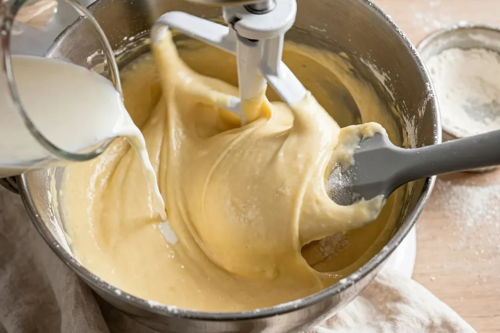 Moist Spiced Apple Cake: The Ultimate Scratch Recipe for Tender Crumb Thick smooth glossy cake batter in stand mixer bowl, milk being poured in alternating with flour mixture on low speed, silicone spatula ready, batter just barely mixed
