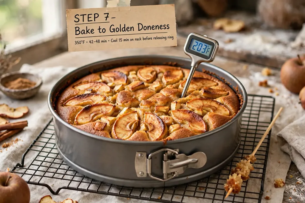 Moist Spiced Apple Cake: The Ultimate Scratch Recipe for Tender Crumb Freshly baked deep honey-amber apple cake in springform pan on wire cooling rack, top with caramelized apple slices, thermometer reading 203F, skewer with moist crumbs showing clean tester check