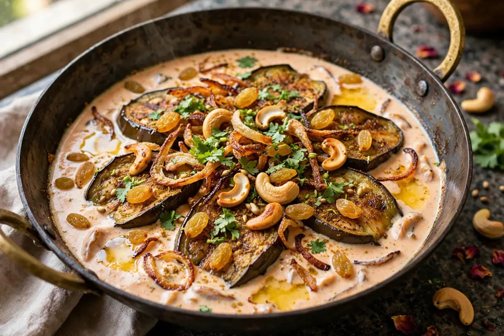 Badshahi Baingan Finished with Fried Onions Cashews Raisins Coriander