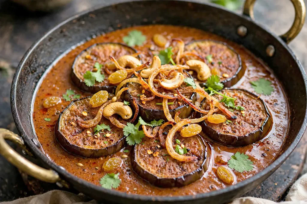 badshahi baingan recipe closeup golden eggplant rounds in creamy coral yogurt gravy with fried onions cashews raisins coriander