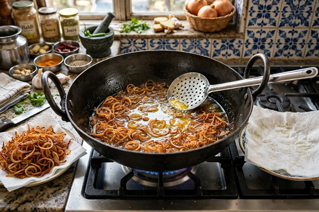 Frying onionsin ghee to get golden brown texture