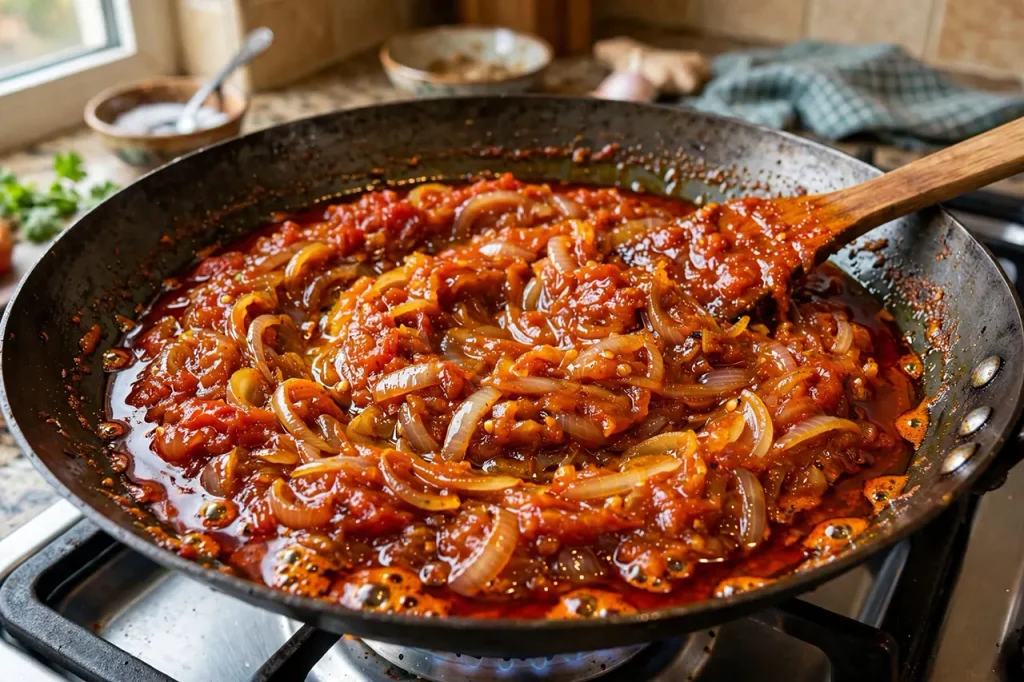 onion tomato jam-like masala with red ghee separating in kadai after toasting spices