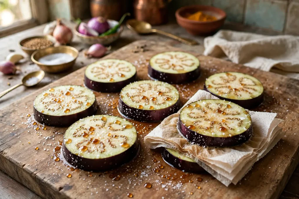 Salted Eggplant Rounds Resting Moisture Drawn Out