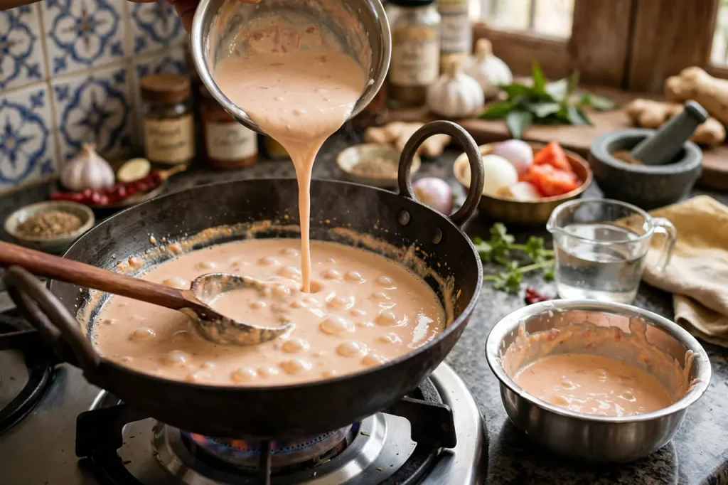 tempered yogurt poured into tomato masala on low heat creamy pale coral gravy