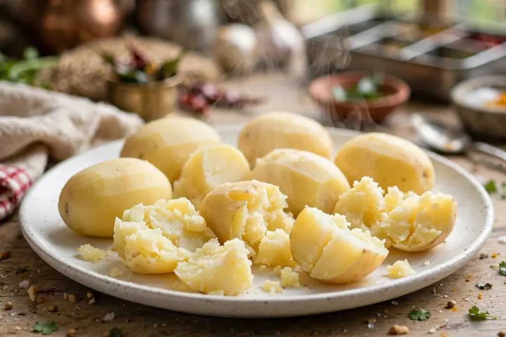 Crispy Baked Bread Rolls (Golden Oven & Air Fryer Method) boiled peeled potatoes spread on white plate steam drying matte surface