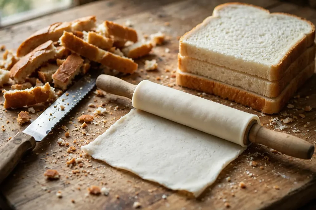 Crispy Baked Bread Rolls (Golden Oven & Air Fryer Method) sandwich bread crusts trimmed and flattened to thin pliable sheet with rolling pin