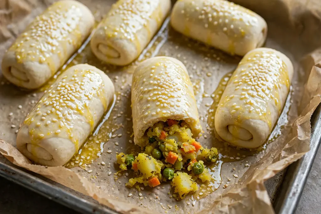 Crispy Baked Bread Rolls (Golden Oven & Air Fryer Method) unbaked bread rolls brushed glossy with melted butter ghee and white sesame seeds