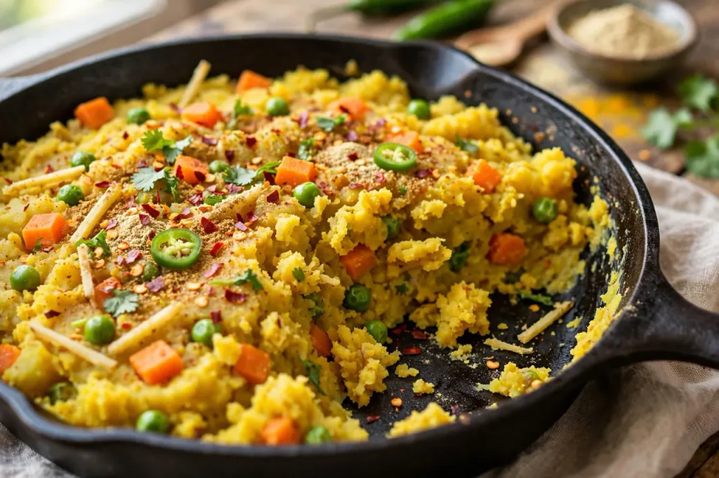 Crispy Baked Bread Rolls (Golden Oven & Air Fryer Method) spiced potato mash with carrots peas chili ginger pulling cleanly from cast iron skillet