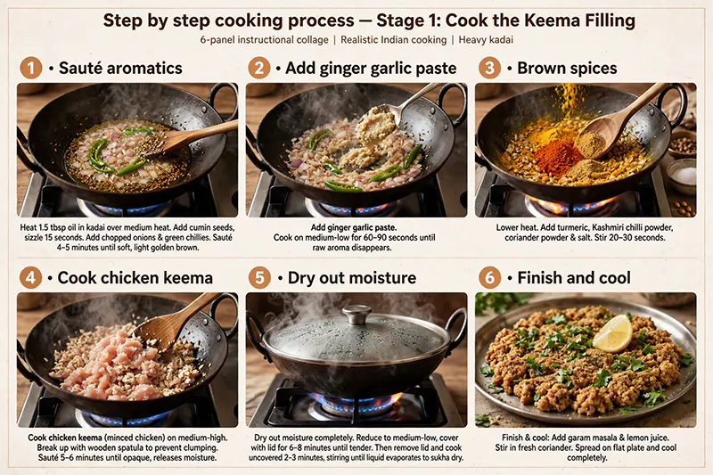 Chicken Keema Biscuits (Bakery-Style Savory Spiced Pastries) Saute aromatics, add ginger garlic paste, spices, chicken keema and cook until moisture dry out.