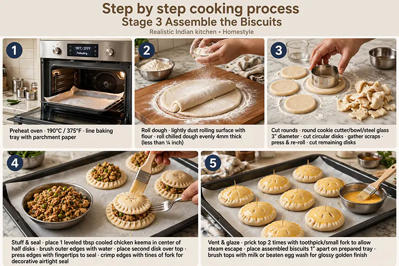 Chicken Keema Biscuits (Bakery-Style Savory Spiced Pastries) roll dough, stuff kheema and seal. place them in a preheat overn.