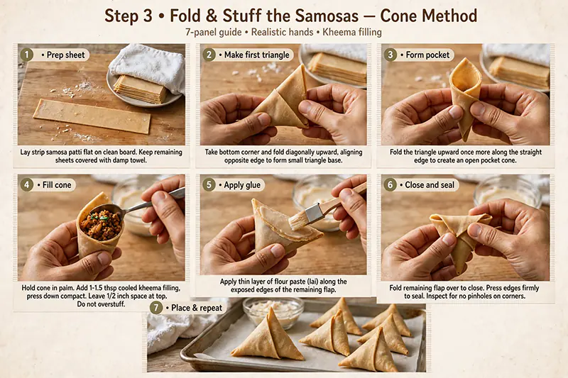 Crispy Chicken Kheema Samosa Recipe (With Folding & Frying Tips) Fold and Stuff the Samosas