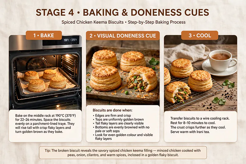 Chicken Keema Biscuits (Bakery-Style Savory Spiced Pastries) Bake chicken keema biscuits at 190°C until they turn crisp for 25 minutes.