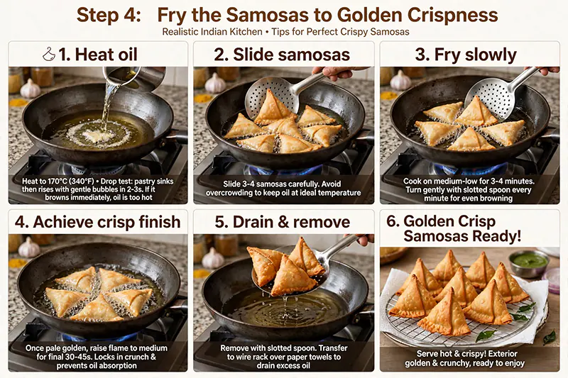 Crispy Chicken Kheema Samosa Recipe (With Folding & Frying Tips) Fry the Samosas to Golden Crispness