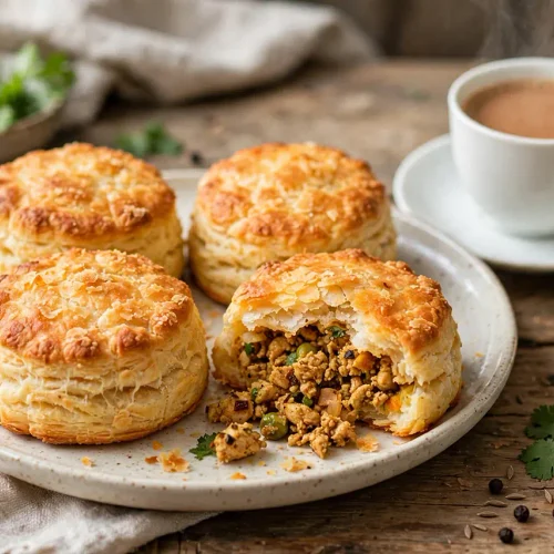 Chicken Keema Biscuits (Bakery-Style Savory Spiced Pastries) Golden baked chicken keema biscuits served with hot tea on a ceramic plate