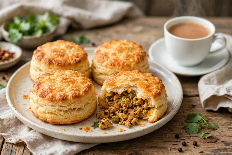 Golden baked chicken keema biscuits served with hot tea on a ceramic plate