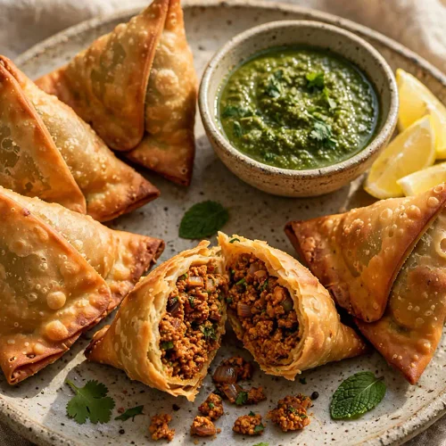 Crispy Chicken Kheema Samosa Recipe (With Folding & Frying Tips) Golden crispy chicken kheema samosas on a plate with mint chutney and lemon wedges.