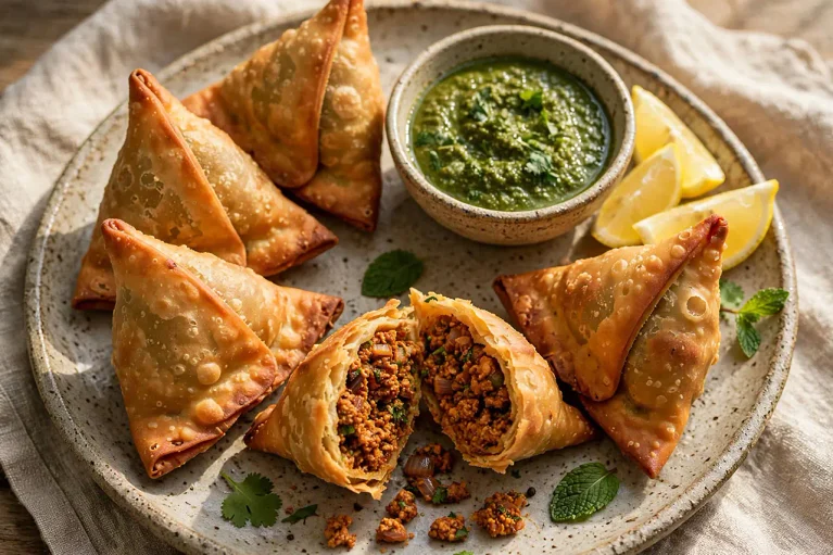 Golden crispy chicken kheema samosas on a plate with mint chutney and lemon wedges.